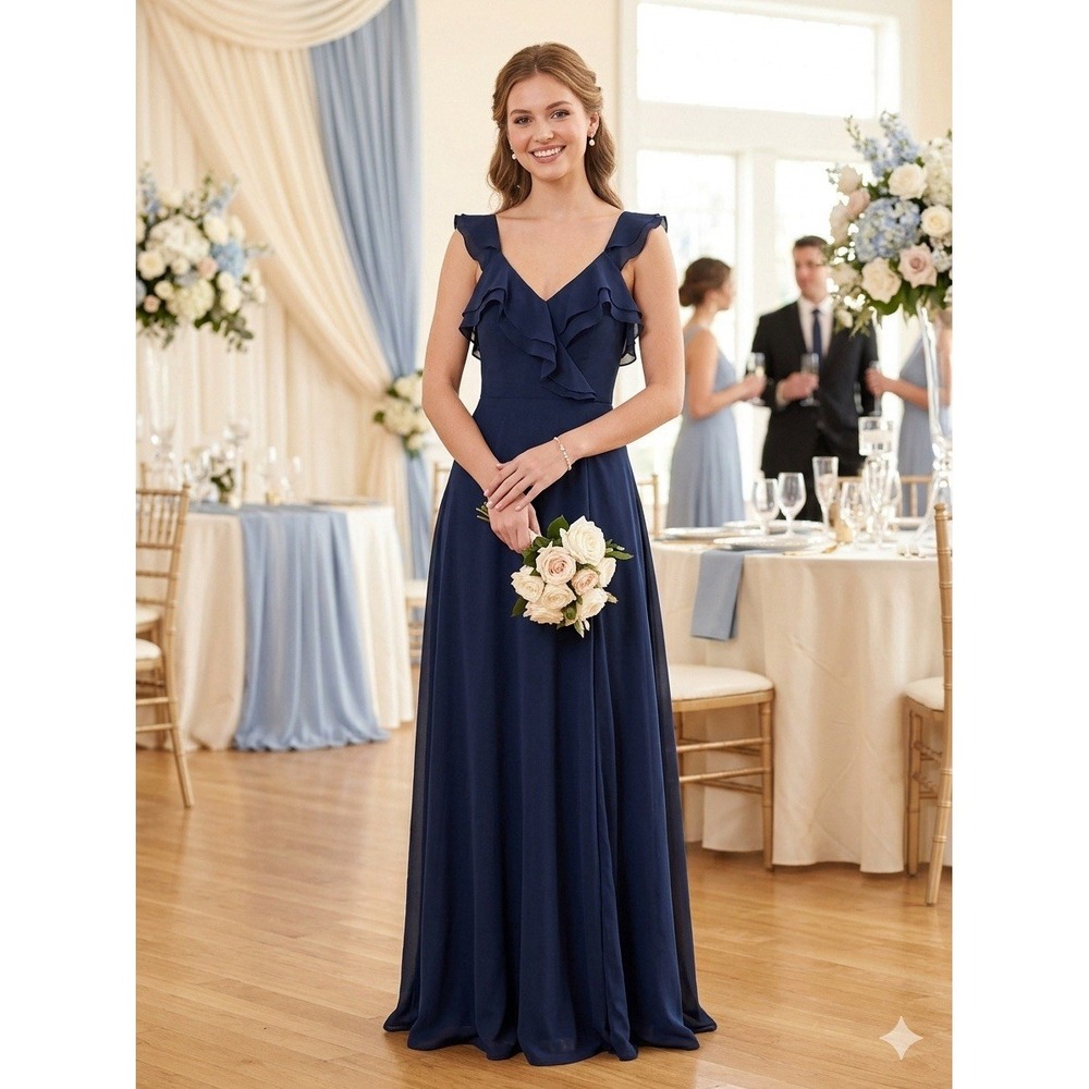 Lulus Sweetest Entrance Navy Blue Chiffon Ruffle V-Neck Maxi Dress Size XS